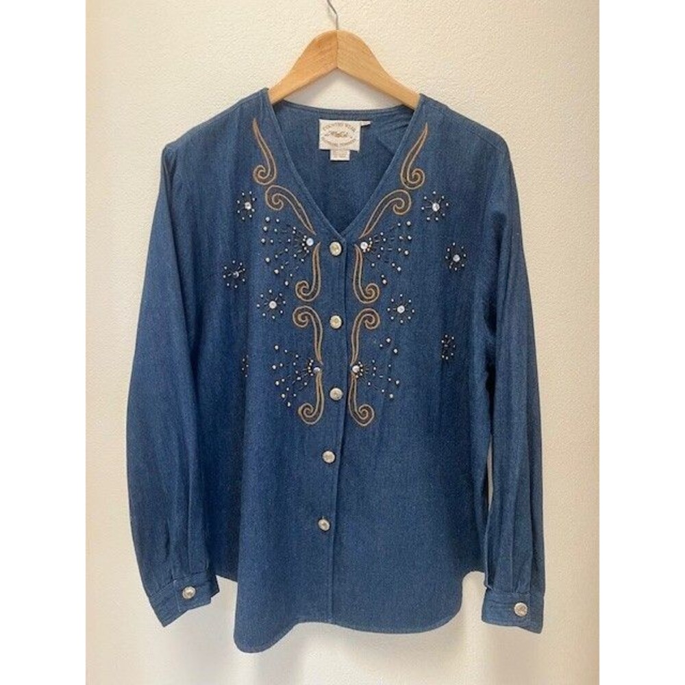 Country Wear Clothing Co., Denim Western Shirt, Beaded, Embroidered - Size 16